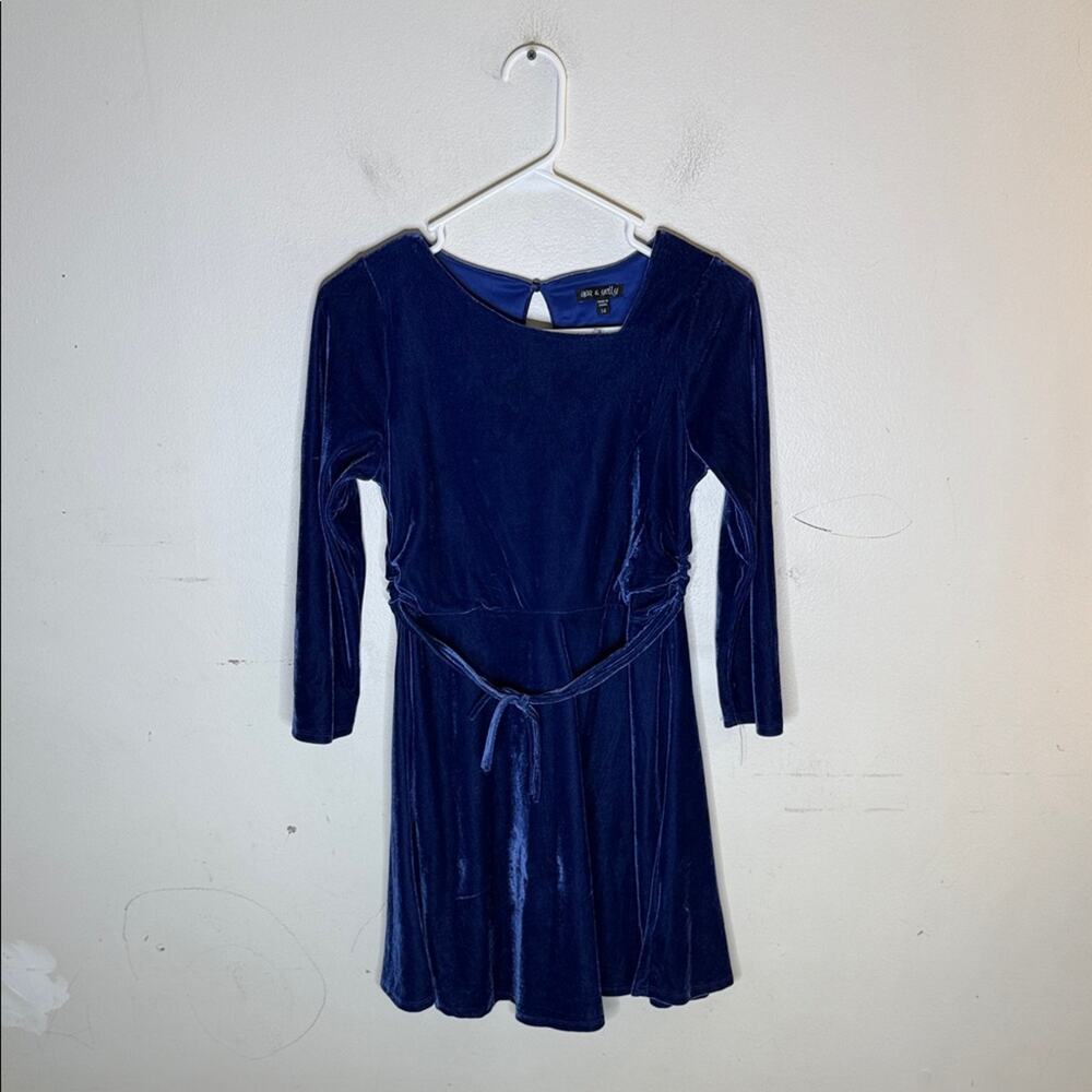 Ava & Yelly Elegant Blue Velvet A Line Tie Waist Long Sleeve Dress Size 14
